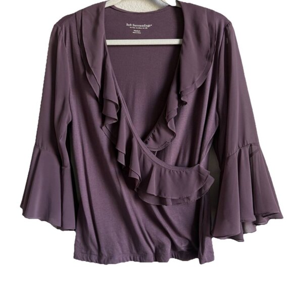 Soft Surroundings Womens Purple Blouse Ruffle Cross Wrap Bell Flare Sleeves Sz M - Picture 1 of 9